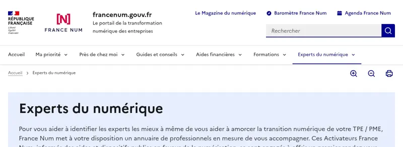 Page Experts du numérique du site France Num présentant l’annuaire des Activateurs France Num