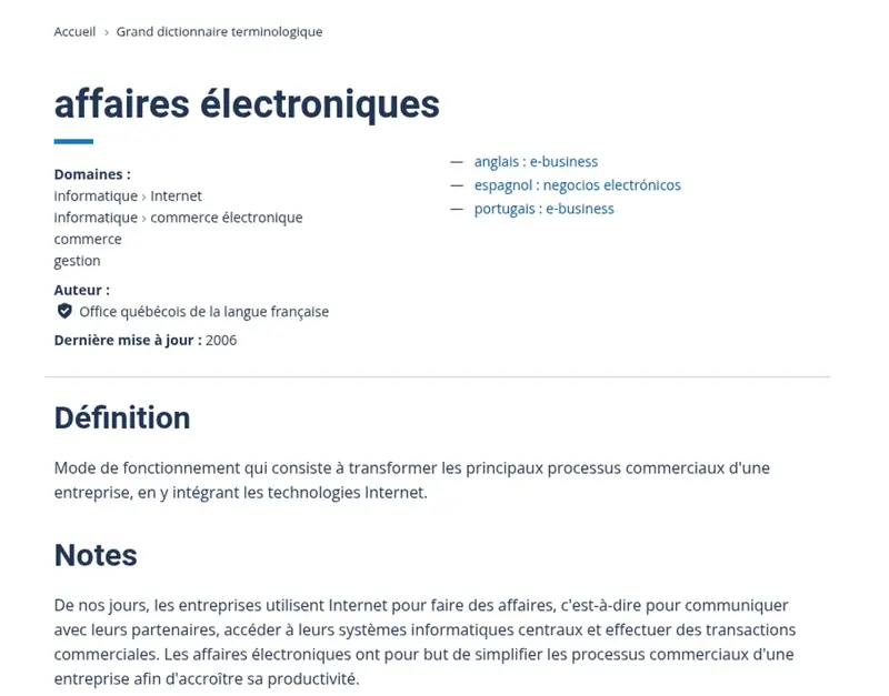 Fiche « affaires électroniques » (e-business) du Grand dictionnaire terminologique de l’OQLF avec sa définition