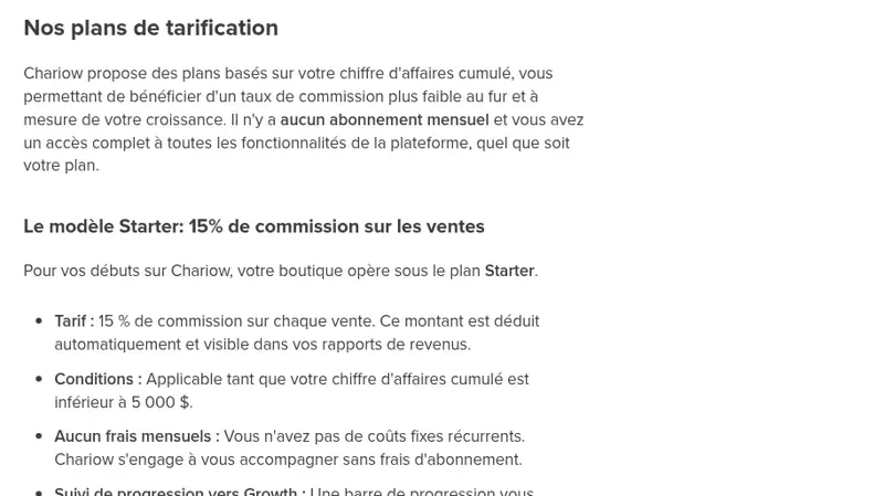 Extrait du centre d’aide Chariow décrivant le plan Starter à 15 % de commission sur les ventes, sans frais mensuels