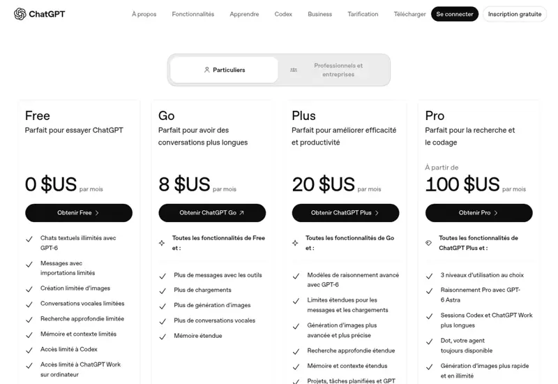 Page des tarifs de ChatGPT montrant le forfait Free à 0 dollar par mois à côté des forfaits Go, Plus et Pro