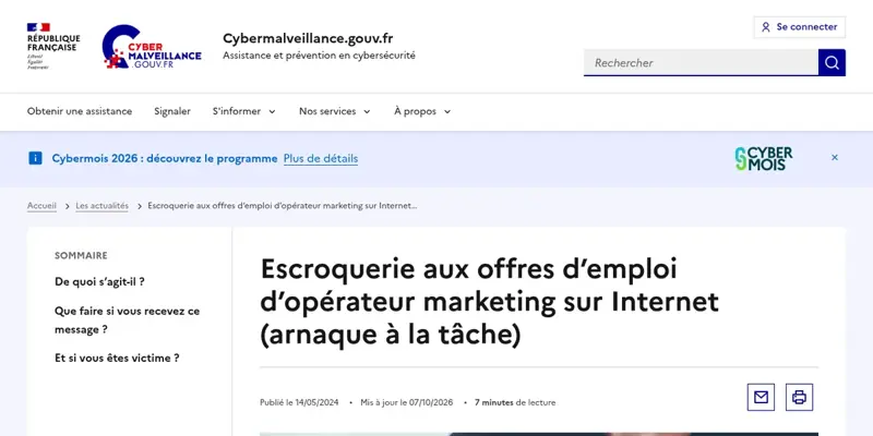 Page de Cybermalveillance.gouv.fr consacrée à l’escroquerie aux offres d’emploi d’opérateur marketing, dite arnaque à la tâche