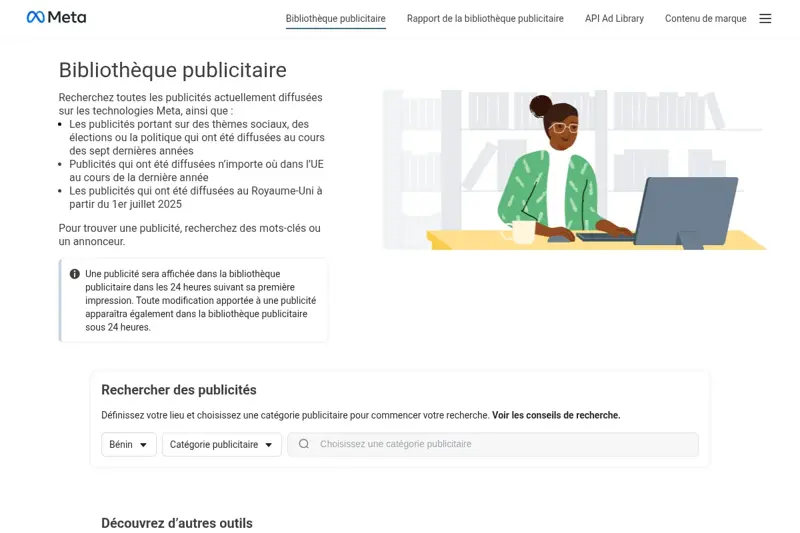 Page d’accueil de la Bibliothèque publicitaire de Meta avec le moteur de recherche des publicités par pays
