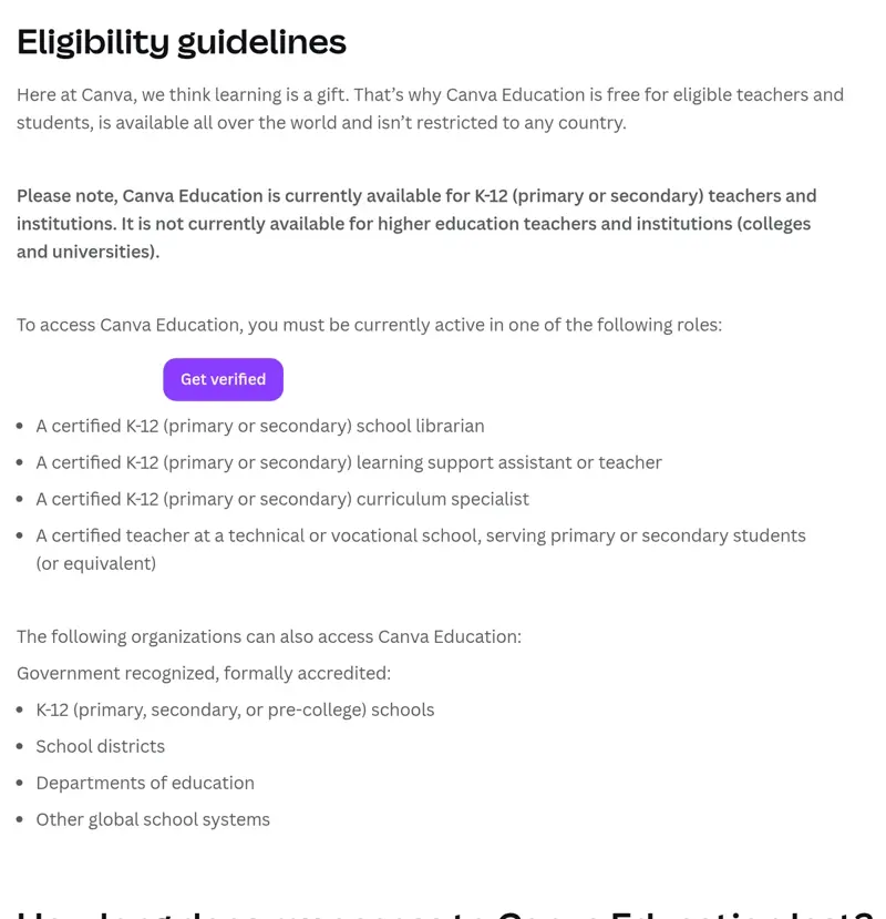 Page officielle des conditions d’éligibilité de Canva Education : réservé aux enseignants du primaire et du secondaire, disponible dans le monde entier