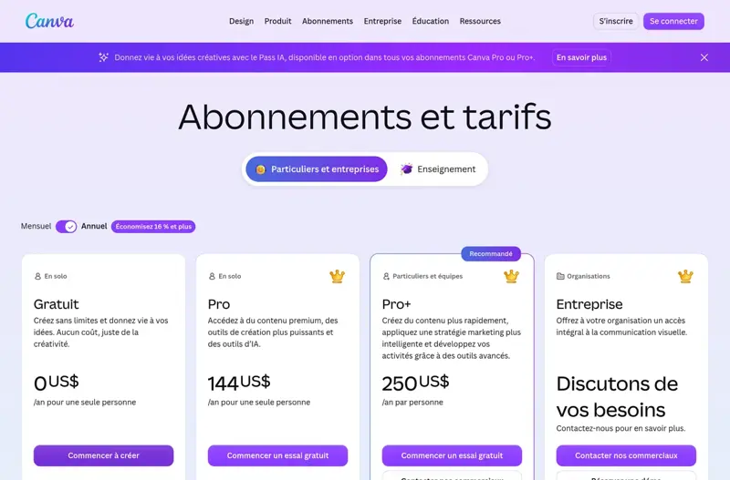 Page Abonnements et tarifs de Canva avec les offres Gratuit, Pro à 144 US$ par an, Pro+ à 250 US$ par an et Entreprise