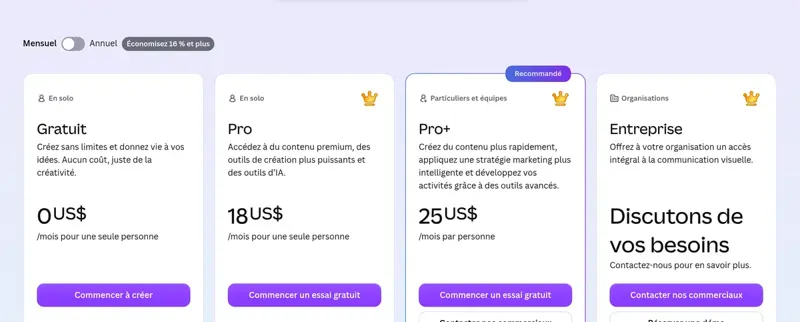 Tarifs mensuels de Canva : Pro à 18 US$ par mois et Pro+ à 25 US$ par mois