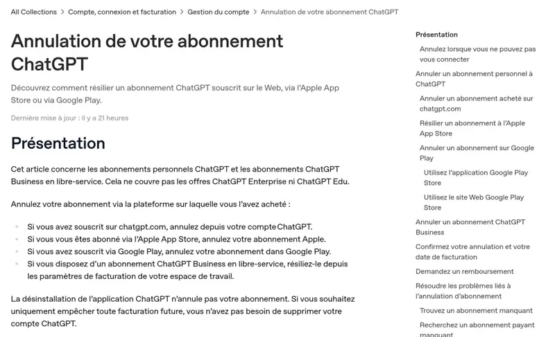 Article du centre d’aide OpenAI expliquant comment annuler un abonnement ChatGPT sur le web, l’App Store ou Google Play