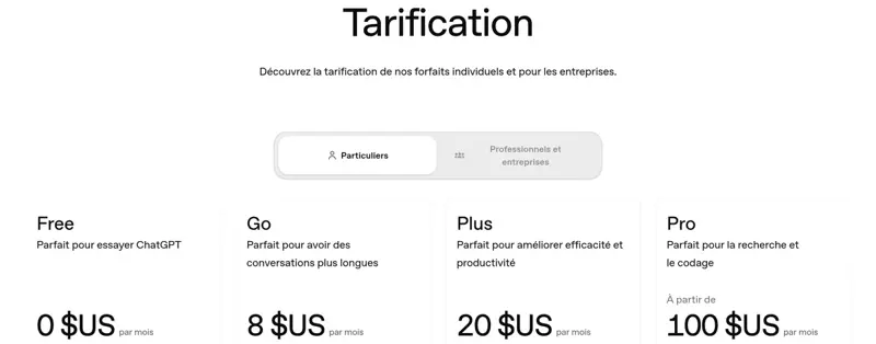 Page tarifs de ChatGPT montrant les forfaits Free à 0 $, Go à 8 $, Plus à 20 $ et Pro à partir de 100 $ par mois