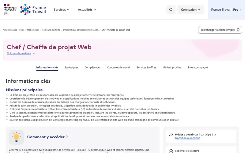 Fiche métier Chef de projet Web sur MétierScope de France Travail, avec la liste des missions principales