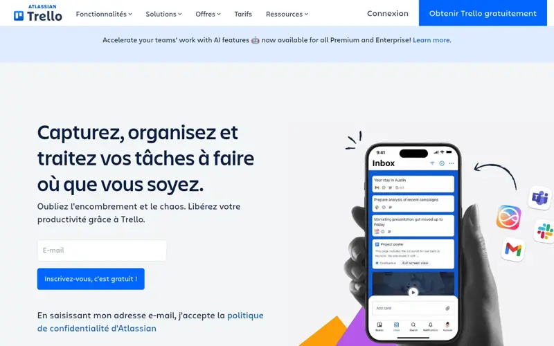Page d’accueil publique de Trello, outil gratuit de tableaux de tâches utilisé en gestion de projet