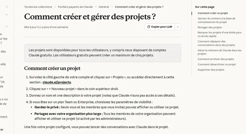 Page d’aide Claude en français « Comment créer et gérer des projets ? » indiquant cinq projets maximum pour les comptes gratuits