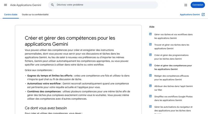 Page d’aide Google « Créer et gérer des compétences pour les applications Gemini » avec les conditions d’accès