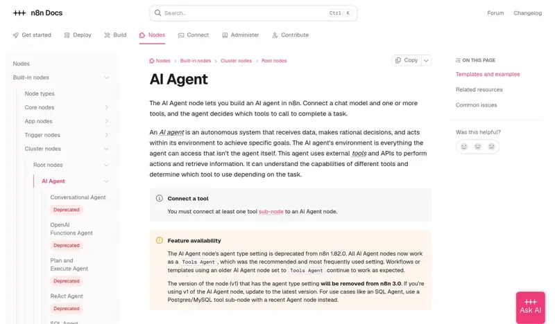Documentation officielle n8n du nœud AI Agent expliquant qu’il faut connecter un modèle de chat et au moins un outil