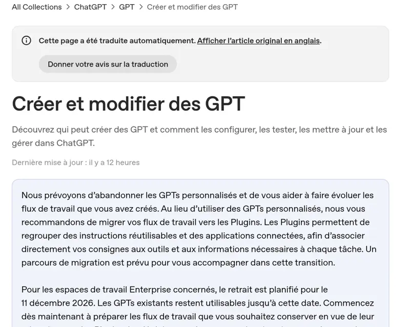 Page d’aide OpenAI en français « Créer et modifier des GPT » annonçant l’abandon des GPT personnalisés au profit des plugins