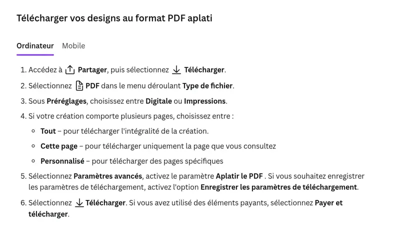 Étapes officielles de Canva pour télécharger un design au format PDF aplati depuis un ordinateur