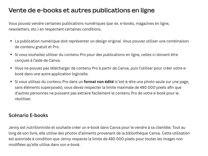 Extrait du centre d’aide Canva listant les conditions pour vendre des e-books et autres publications en ligne