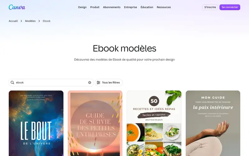 Page publique des modèles d’ebook sur Canva avec une recherche ebook et plusieurs couvertures de livres numériques