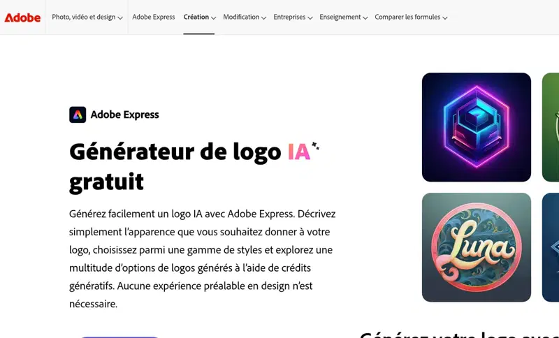 Page du générateur de logo IA gratuit d’Adobe Express avec exemples de logos générés et champ de prompt
