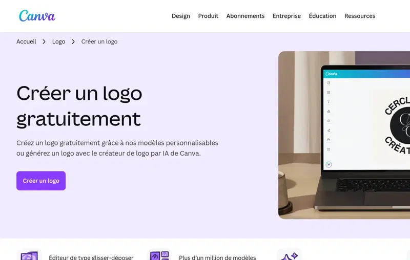 Page Canva « Créer un logo gratuitement » avec modèles personnalisables et créateur de logo par IA