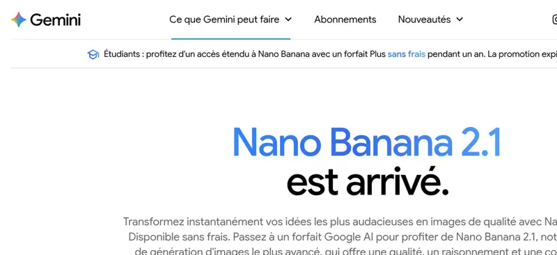 Page officielle de Gemini présentant la génération d’images Nano Banana, disponible sans frais