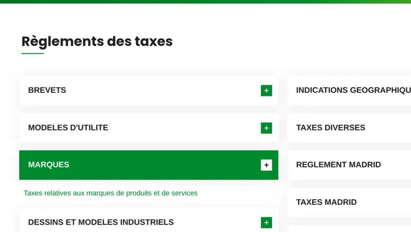 Page Grille tarifaire du site officiel de l’OAPI avec la rubrique Marques