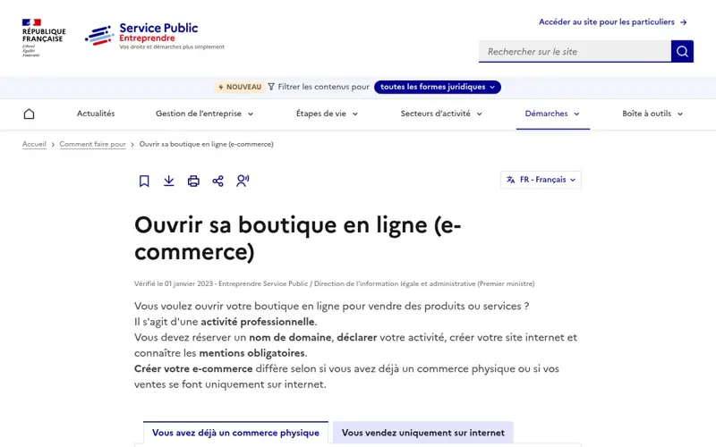Fiche Service Public Entreprendre : ouvrir sa boutique en ligne