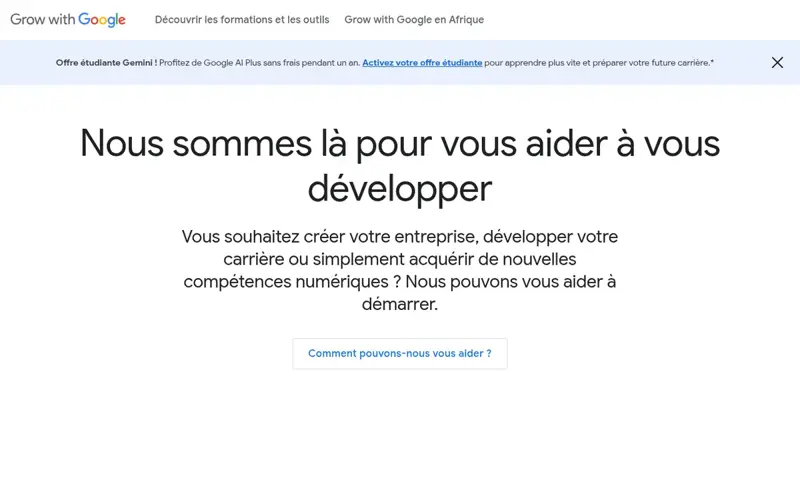 Page d’accueil de Grow with Google en français pour l’Afrique, avec des formations aux compétences numériques