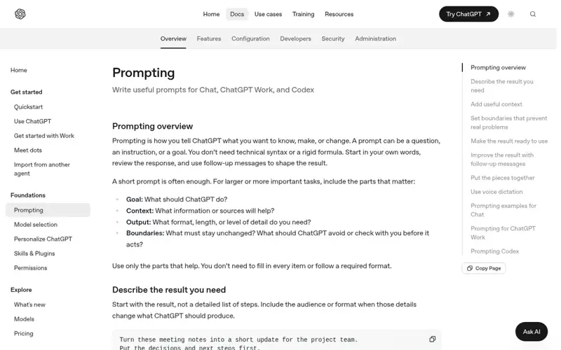 Page Prompting du guide officiel ChatGPT listant Goal, Context, Output et Boundaries
