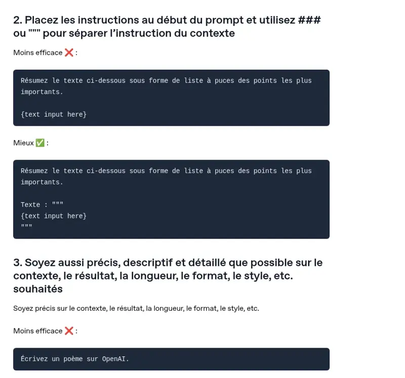 Exemple OpenAI montrant une consigne placée au début du prompt avec le texte séparé par des guillemets triples