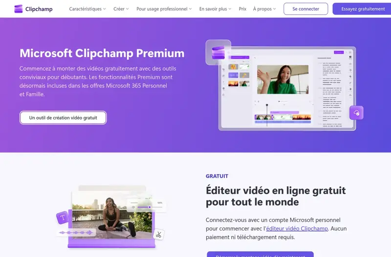 Page tarifs de Microsoft Clipchamp présentant l’éditeur vidéo en ligne gratuit pour tout le monde