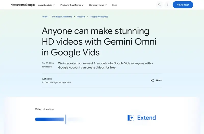 Capture de l’annonce Google indiquant que tout compte Google peut créer des vidéos HD gratuitement avec Gemini Omni dans Google Vids