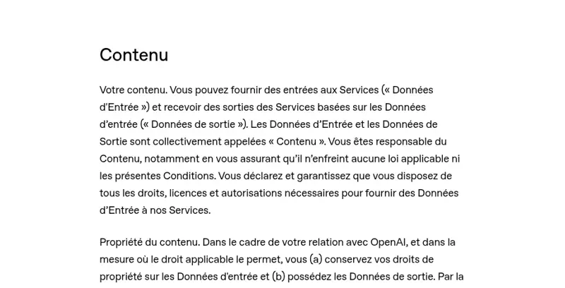 Extrait des conditions d’utilisation d’OpenAI sur la propriété du contenu et des données de sortie