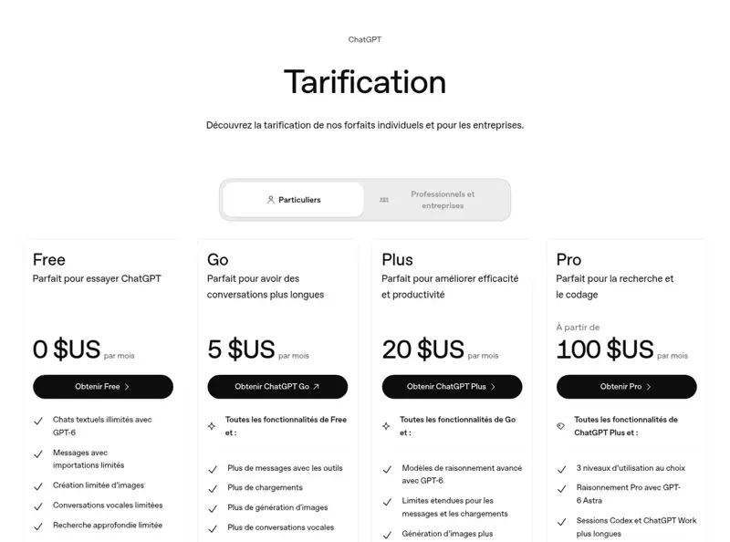 Page Tarification de ChatGPT montrant les formules Free, Go, Plus et Pro pour les particuliers