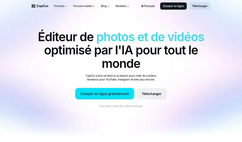 Page d’accueil de CapCut présentant ses outils de montage vidéo et ses fonctions d’intelligence artificielle