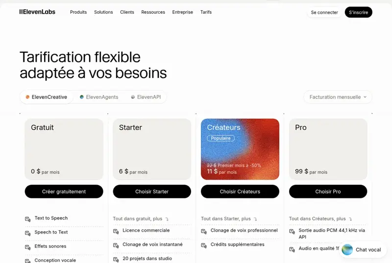 Page des tarifs d’ElevenLabs comparant le forfait gratuit et le forfait Starter avec licence commerciale