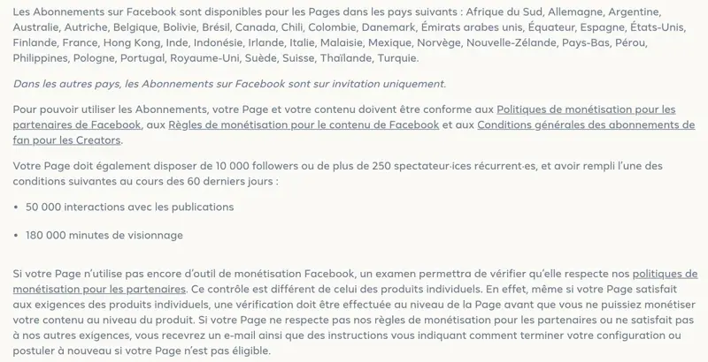 Capture des conditions des Abonnements Facebook : liste des pays, invitation ailleurs, 10 000 followers et seuils sur 60 jours