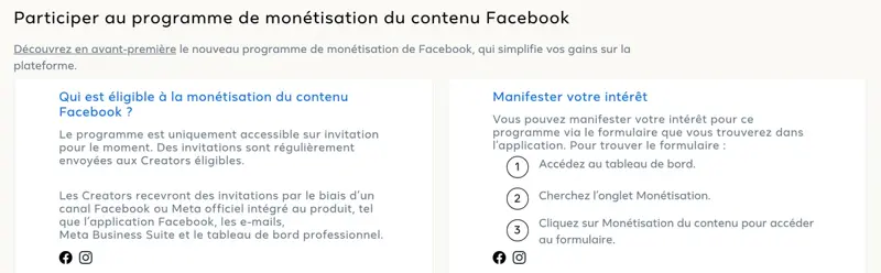 Capture de la page Meta for Creators expliquant que la monétisation du contenu Facebook est sur invitation et comment manifester son intérêt