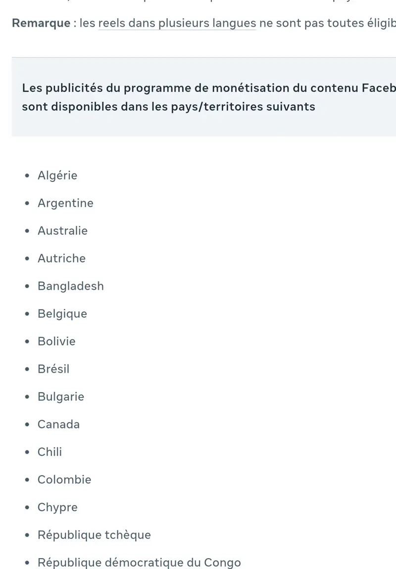 Capture de la page d’aide Meta listant les pays où les publicités de la monétisation du contenu Facebook sont disponibles, dont la République démocratique du Congo