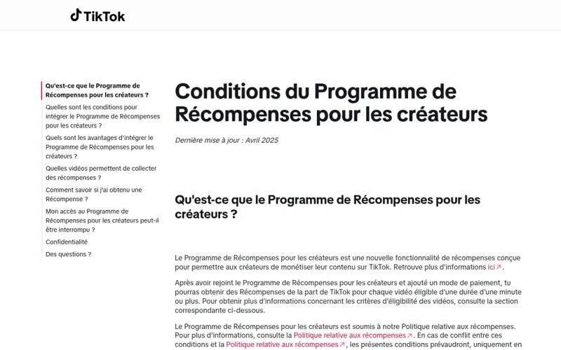 Page officielle des conditions du Programme de Récompenses pour les créateurs de TikTok en français