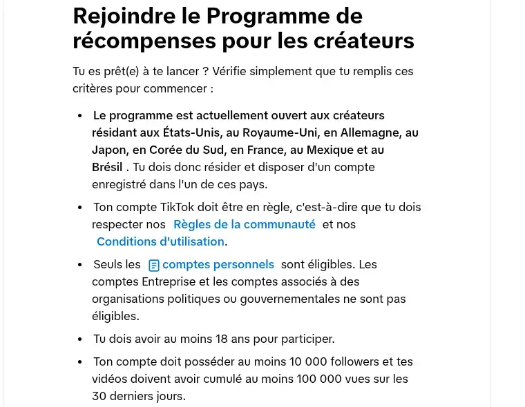 Liste officielle des pays éligibles et des critères du Programme de récompenses pour les créateurs sur la Creator Academy de TikTok