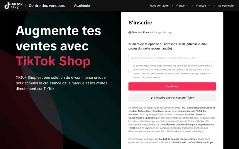 Page d’inscription vendeur de TikTok Shop pour la France