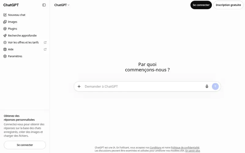 Page d’accueil de chatgpt.com en français, sans être connecté, avec la zone de saisie Demander à ChatGPT et les boutons Se connecter et Inscription gratuite