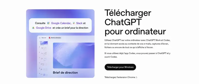 Page officielle Télécharger ChatGPT pour ordinateur avec le bouton Télécharger pour Windows
