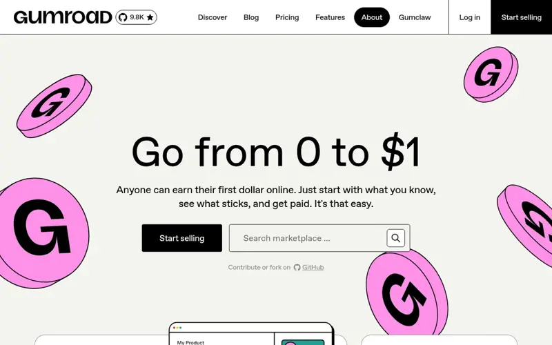 Page d’accueil de Gumroad avec le slogan Go from 0 to $1 et le bouton Start selling