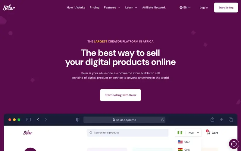 Page d’accueil de Selar présentant la plateforme de vente de produits digitaux