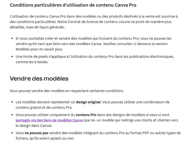 Extrait de l’aide Canva expliquant les conditions pour vendre des modèles avec du contenu Pro uniquement via des liens de modèles