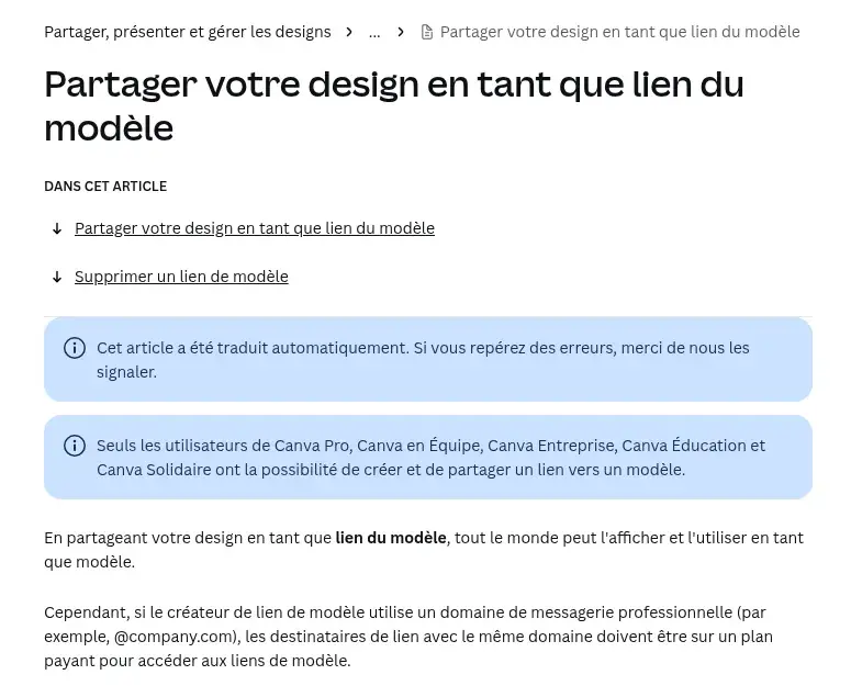 Article d’aide Canva Partager votre design en tant que lien du modèle, réservé aux abonnements Pro, Équipe, Entreprise, Éducation et Solidaire