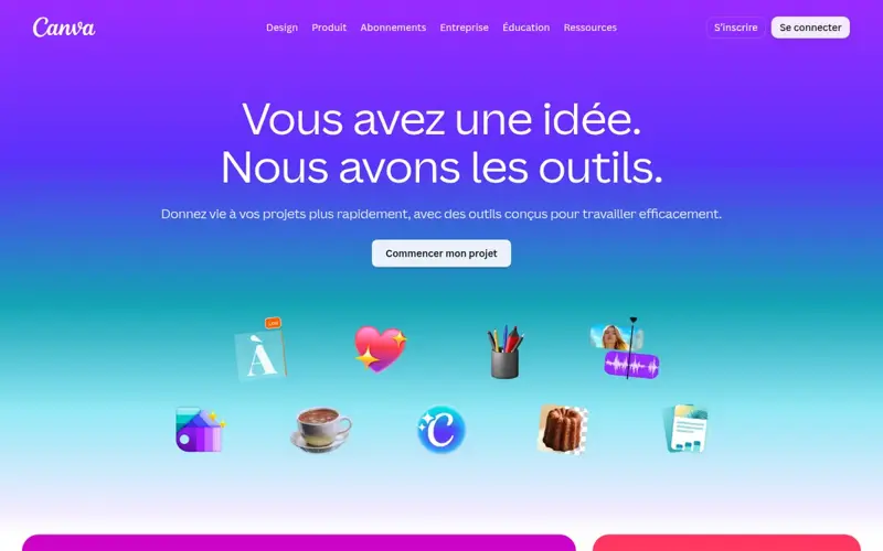 Page d’accueil publique de Canva en français avec le slogan Vous avez une idée. Nous avons les outils.