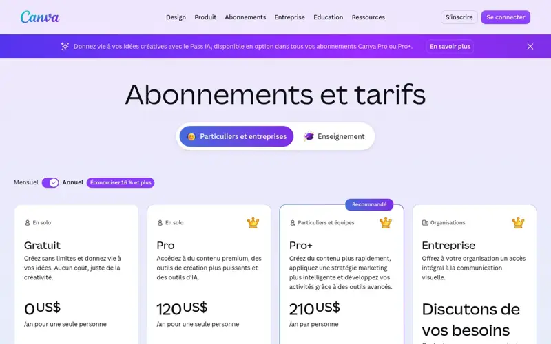Page Abonnements et tarifs de Canva avec les formules Gratuit, Pro, Pro+ et Entreprise