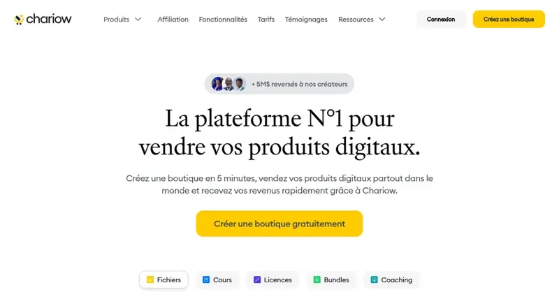 Page d’accueil de Chariow : la plateforme pour vendre vos produits digitaux en Afrique