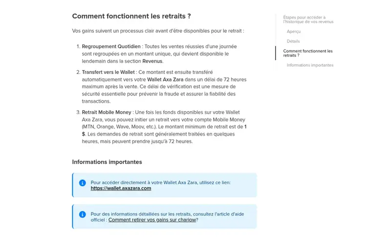 Fonctionnement des retraits Chariow vers Mobile Money via le wallet Axa Zara